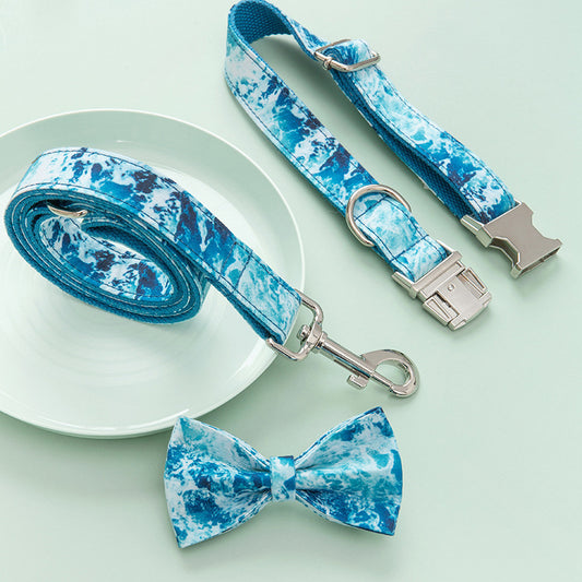 Ocean Wave Pattern Dog Collar and Leash Set, Blue and White - Pet Pride Tees