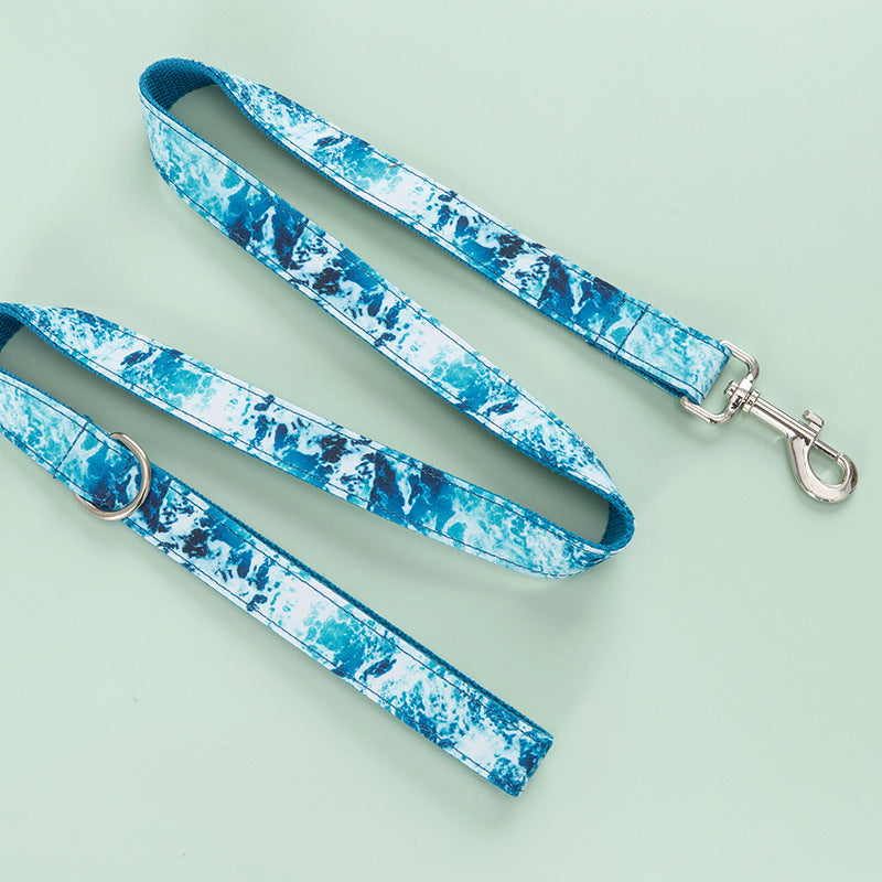 Ocean Wave Pattern Dog Collar and Leash Set, Blue and White - Pet Pride Tees