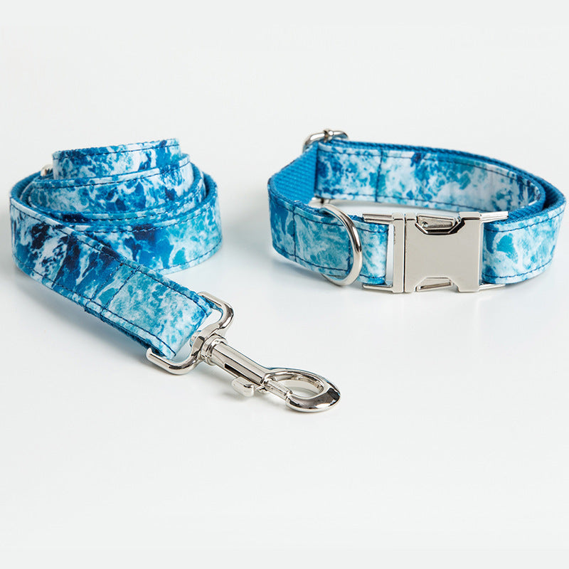 Ocean Wave Pattern Dog Collar and Leash Set, Blue and White - Pet Pride Tees