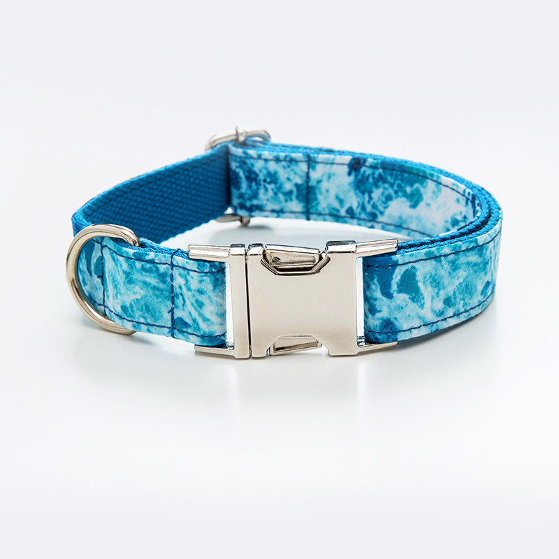 Ocean Wave Pattern Dog Collar and Leash Set, Blue and White - Pet Pride Tees