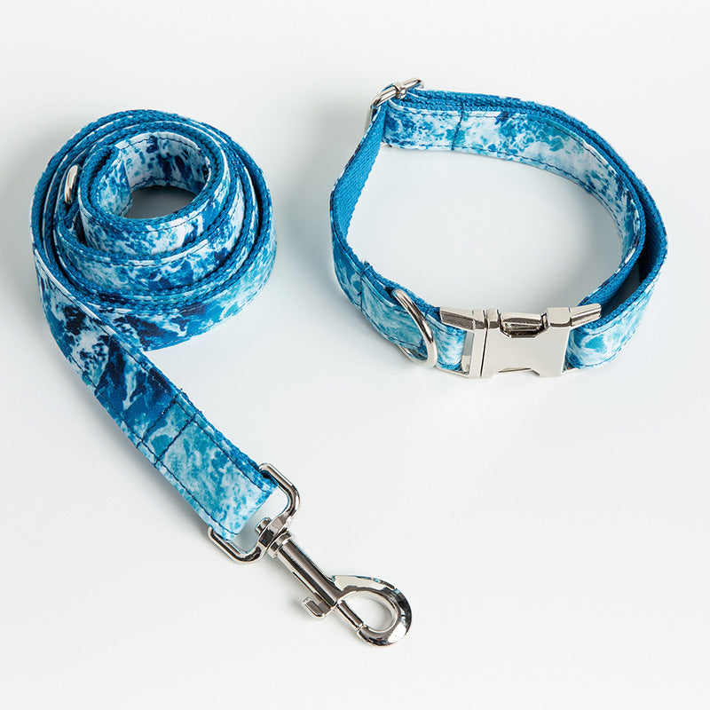 Ocean Wave Pattern Dog Collar and Leash Set, Blue and White - Pet Pride Tees