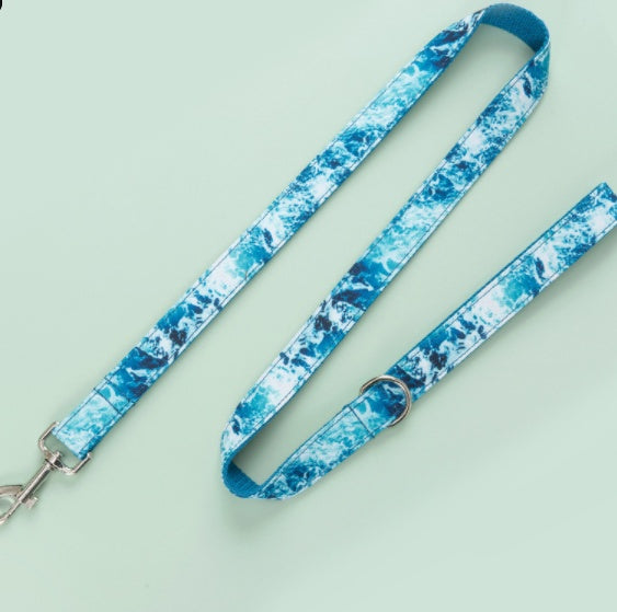 Ocean Wave Pattern Dog Collar and Leash Set, Blue and White - Pet Pride Tees