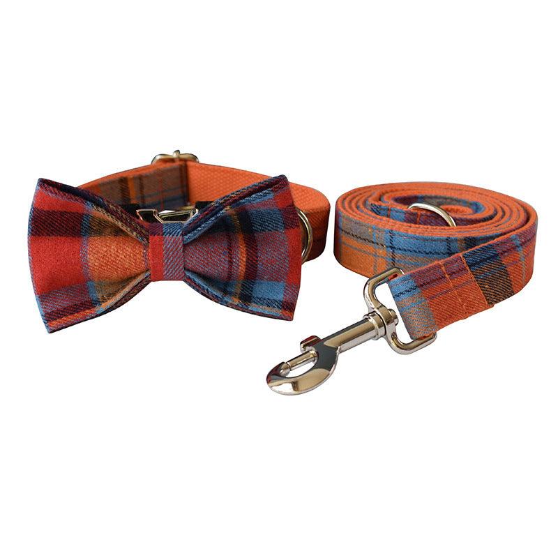 Orange Plaid Velvet Collar, Bow, & Leash Set - Pet Pride Tees