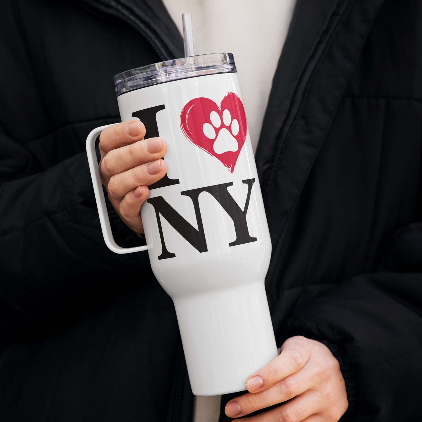 I Love NY Paw in Heart 40oz Travel Mug w/ Handle - Pet Pride Tees
