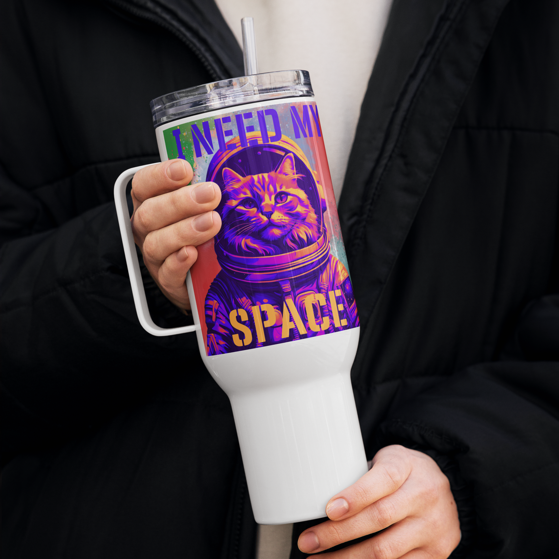 I Need My Space Astronaut Cat 40oz Travel Mug w/ Handle - Pet Pride Tees