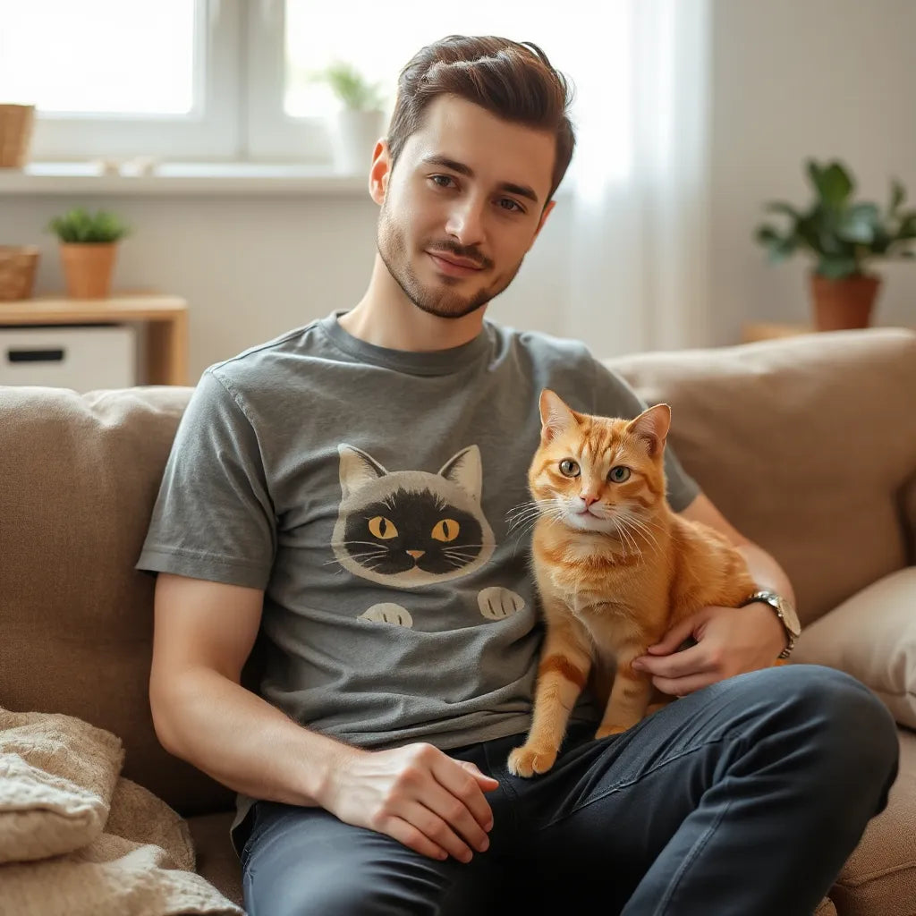 Man in a casual cat-themed t-shirt relaxing on a couch with an orange tabby cat nearby