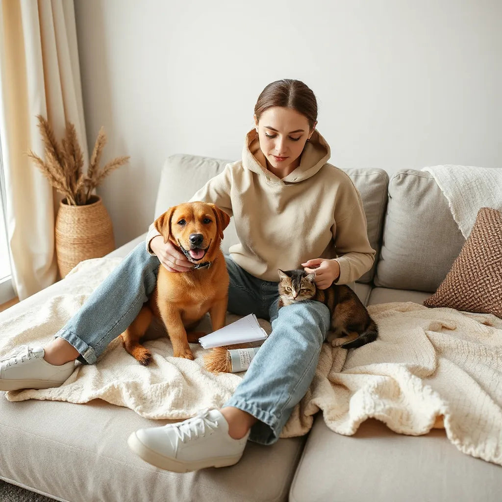 Pet parent in pet-themed apparel relaxing with a dog and cat in a bright, cozy living room