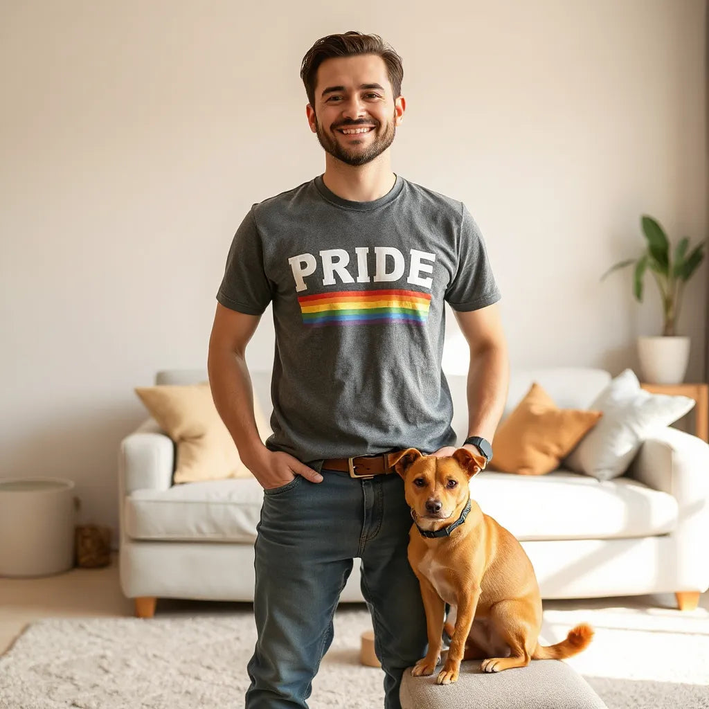 Person in a pride-themed pet lover t-shirt with a dog and cat in a bright, simple room