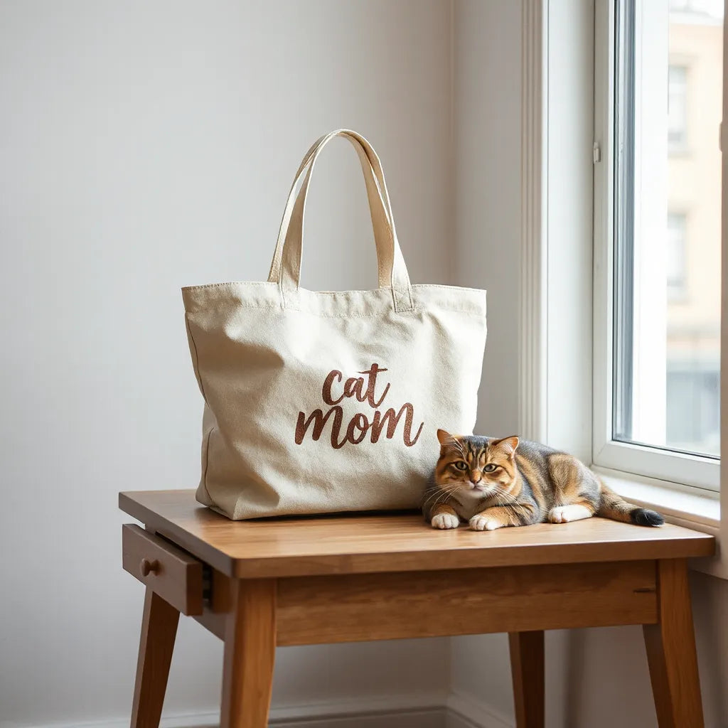 Tote bag beside a lounging cat in soft daylight on a clean table