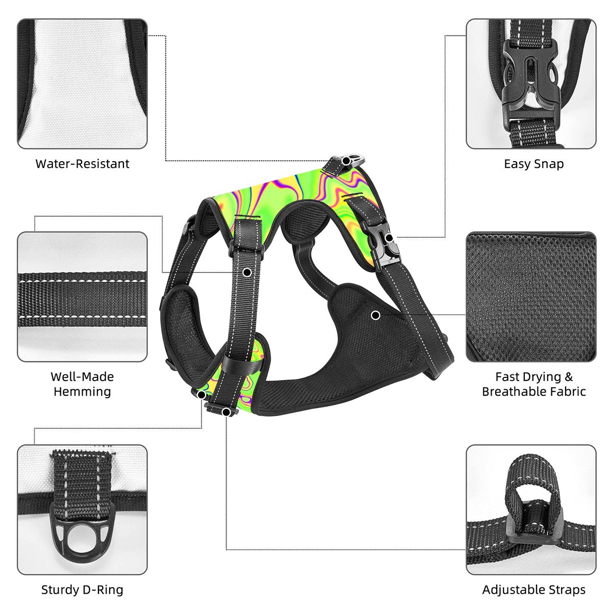 Trippy Lime Swirl Pet Harness and Leash Set – Reflective & Breathable