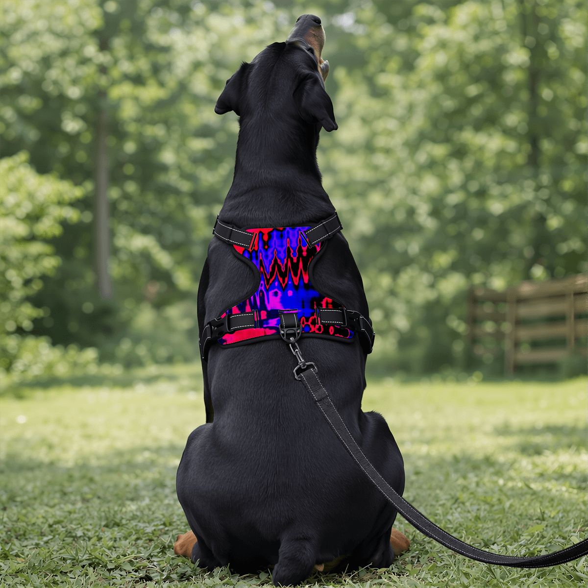A black dog sitting on grass outdoors, viewed from behind, wearing a colorful harness with a leash attached. The harness has a black base with a bright blue, purple, and red zigzag pattern on the back and sides.